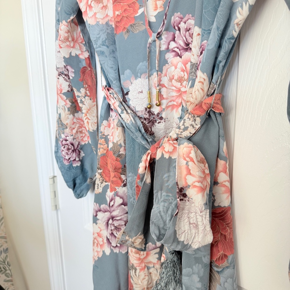 Jade Johnny Was Floral Long Sleeve Dress in Blue and Pink with Belt and Tassels - Picture 3 of 12